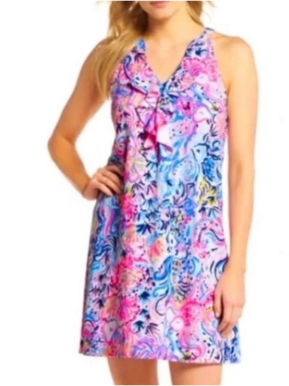 Lilly Pulitzer Shay Dress Sleeveless Ruffled V Neck Razorback Soft Cotton L